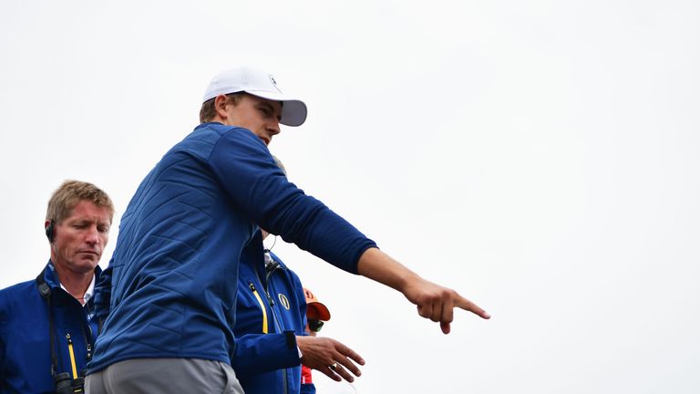 SOUTHPORT, ENGLAND - JULY 23:  Jordan Spieth of the United States with Rules Officials on the 13th hole during the final round of the 146th Open Championsh