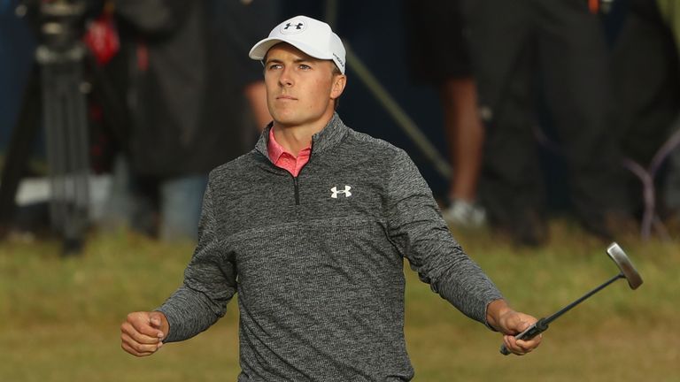 SOUTHPORT, ENGLAND - JULY 22:  Jordan Spieth of the United States celebrates a birdie on the 18th green during the third round of the 146th Open Championsh