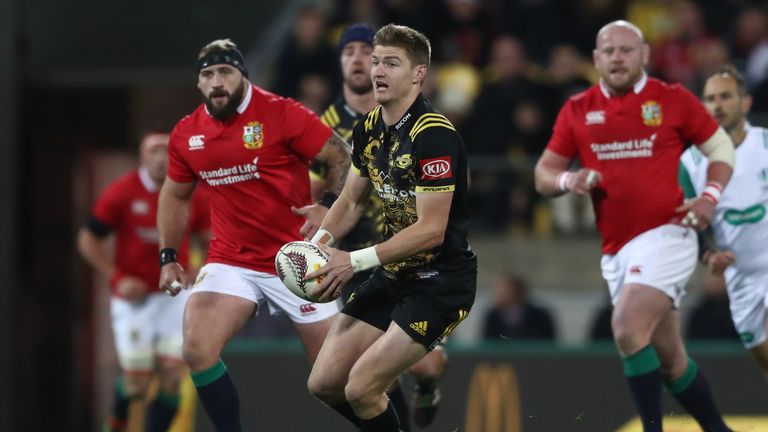 WELLINGTON, NEW ZEALAND - JUNE 27:  Jordie Barrett of the Hurricanes runs with the ball during the 2017 British & Irish Lions tour match between the Hurric