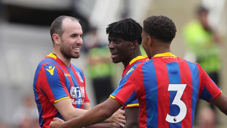 Jordan Mutch (L) of Crystal Palace celebrates scoring his second during a pre-season win over Maidstone