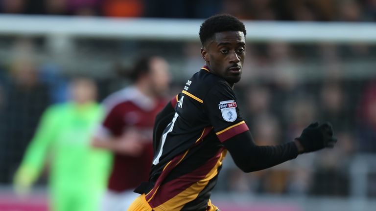 NORTHAMPTON, ENGLAND - JANUARY 02:  Jordy Hiwula of Bradford City in action during the Sky Bet League One match between Northampton Town and Bradford City 