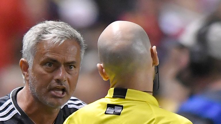 SANDY UT- JULY 17: Head coach Jose Mourinho of Manchester United argues with an official in the second half of their game against Real Salt Lake during the