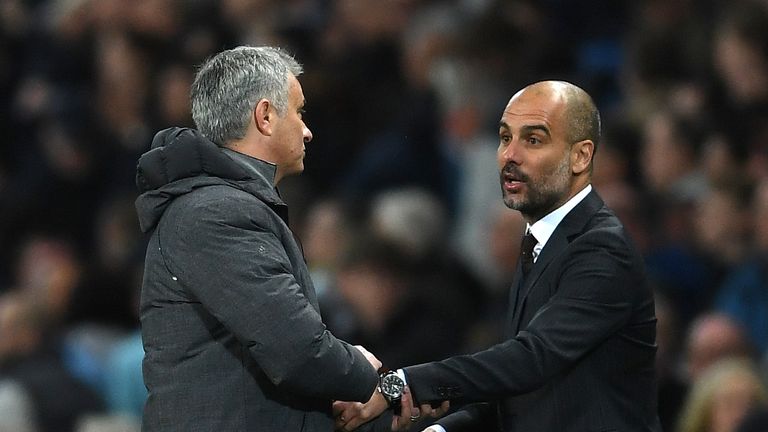 MANCHESTER, ENGLAND - APRIL 27:  Josep Guardiola, Manager of Manchester City and Jose Mourinho, Manager of Manchester United shake hands after the full tim