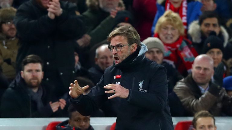 LIVERPOOL, ENGLAND - FEBRUARY 11:  Jurgen Klopp, Manager of Liverpool reacts during the Premier League match between Liverpool and Tottenham Hotspur