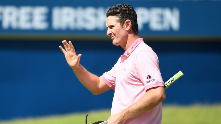 Justin Rose of England acknowledges the crowd on the 18th green during day three of the Dubai Duty Free Irish Open