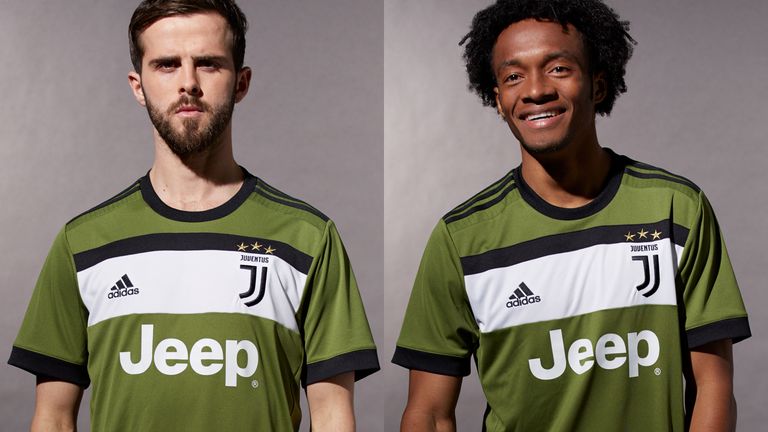 Miralem Pjanic and Juan Cuadrado model the new fan designed Juventus third kit (credit: adidas)