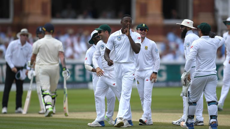 Kagiso Rabada celebrates dismissing Ben Stokes