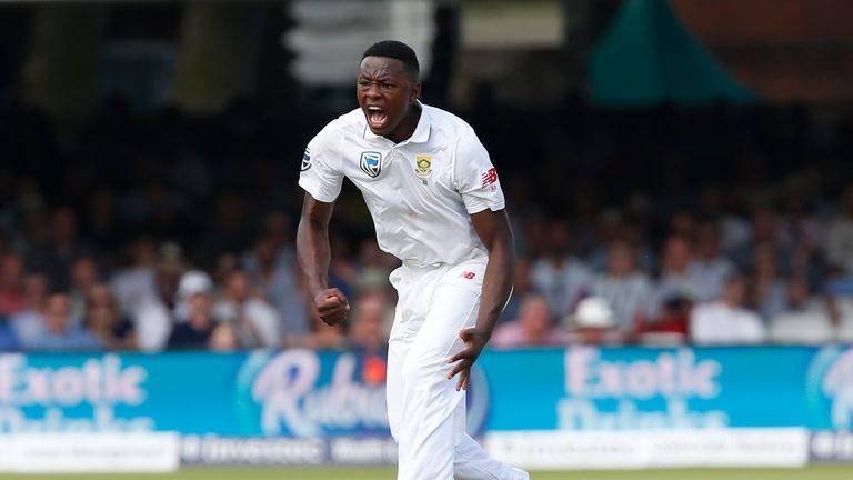 South Africas Kagiso Rabada celebrates taking the wicket of England's Ben Stokes during the first day of the first Test match at Lord's