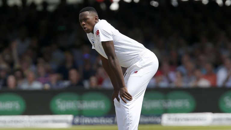 South Africas Kagiso Rabada reacts to a missed opportunity to catch out Englands captain Joe Root during the first day of the first Test match between Engl