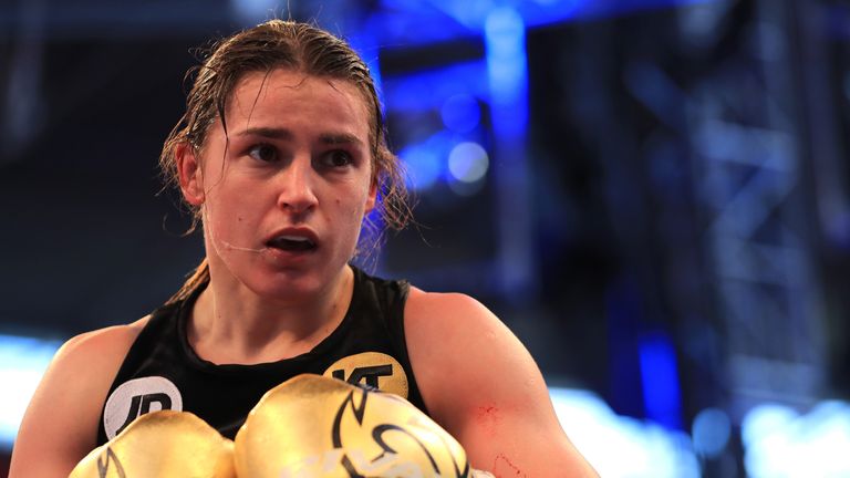 Katie Taylor looks on during her fight against Nina Meinke during the WBA Lightweight Championship bout at Wembley Stadium on 29 April, 2017