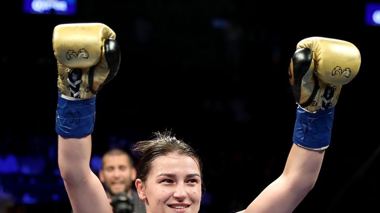 BROOKLYN, NY - JULY 29:  Katie Taylor celebrates her TKO before the start of the fourth round against Jasmine Clarkson during their lightweight match on Ju