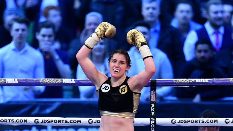 Katie Taylor celebrates victory over Nina Meinke in the WBA Lightweight Championship bout  at Wembley Stadium on April 29, 2017.