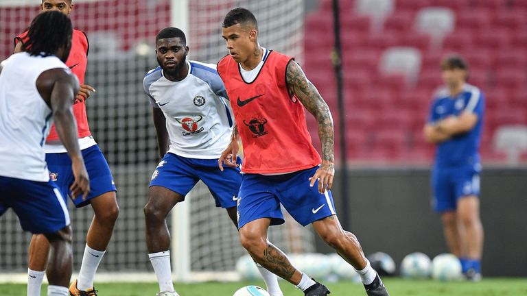 Kenedy runs with the ball during a Chelsea FC International Champions Cup training session at National Stadium