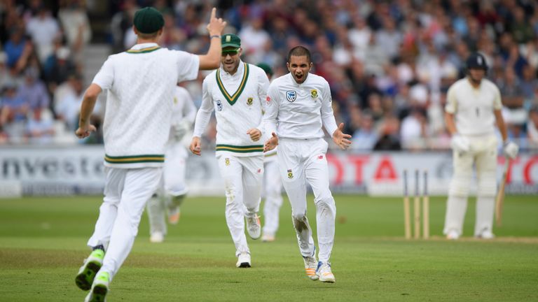 Keshav Maharaj celebrates after bowling Jonny Bairstow