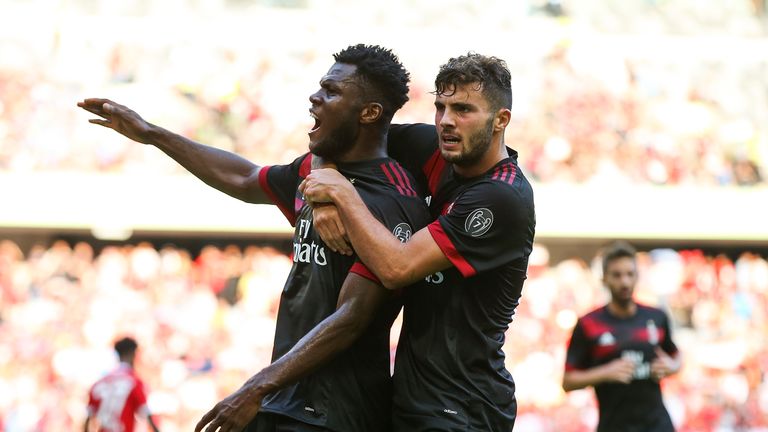 SHENZHEN, CHINA - JULY 22:  Frank Kessie celebrates a goal with teammate Patrick Cutrone during the 2017 International Champions Cup China  match between F