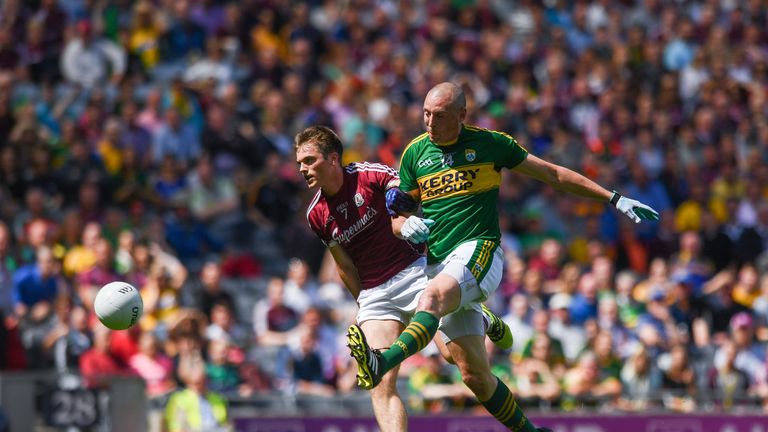 Kieran Donaghy of Kerry shoots to score his side's first goal of the game during the GAA Football All-Ireland Senior Championship Quarter-Final match
