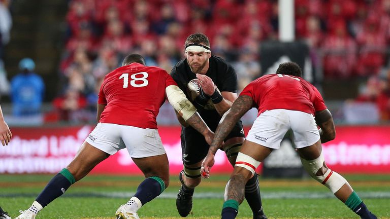 WELLINGTON, NEW ZEALAND - JULY 01:  Kieran Read of New Zealand is tackled by Kyle Sinckler and Courtney Lawes of the Lions during the International Test ma