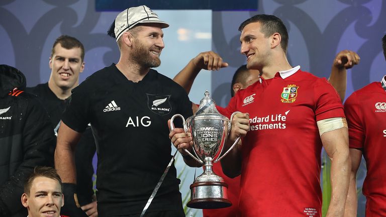 All Blacks captain Kieran Read and Lions skipper Sam Warburton pose with the series trophy following the drawn final Test