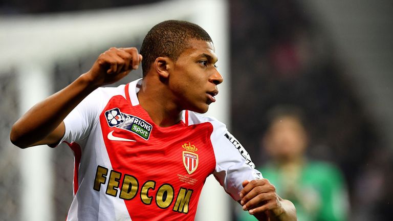 Monaco's French forward Kylian Mbappe gestures  during the French League Cup final football match between Paris Saint-Germain (PSG) and Monaco (ASM) on Apr