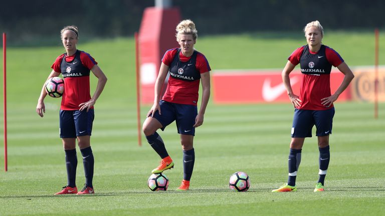 Laura Bassett, Millie Bright and Steph Houghton in England training at St George's Park
