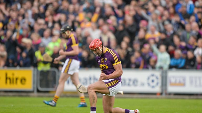 Lee Chin of Wexford celebrates near the end of the Leinster GAA Hurling Senior Championship Semi-Final match between Wexford and Kilkenny