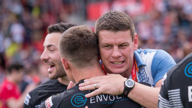Hull FC coach Lee Radford celebrates with Jamie Shaul after his side defeat Leeds in the Ladbrokes Challenge Cup Semi Final.
