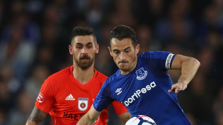 LIVERPOOL, ENGLAND - JULY 27: Leighton Baines of Everton in action with Erik Daniel of  MFK Ruzomberok during the UEFA Europa League Third Qualifying Round