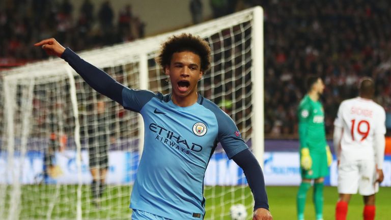 MONACO - MARCH 15:  Leroy Sane of Manchester City celebrates as he scores their first goal during the UEFA Champions League Round of 16 second leg match 