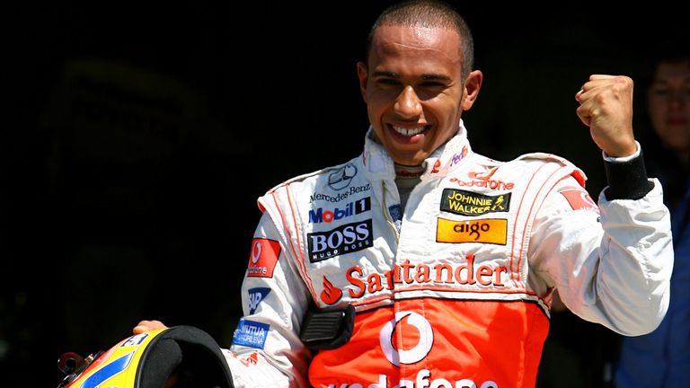 Hamilton celebrates his first pole position in F1 - at the 2007 Canadian GP 