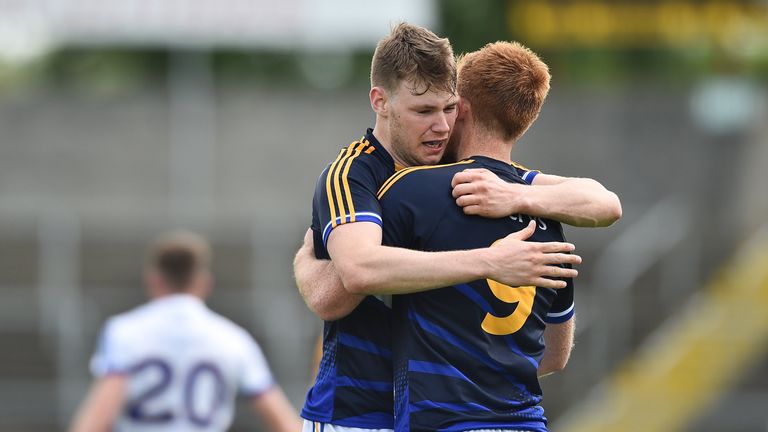 Liam Casey, left, and George Hannigan  of Tipperary celebrate at the end of the the GAA Football All-Ireland Senior Championship Round 2B match