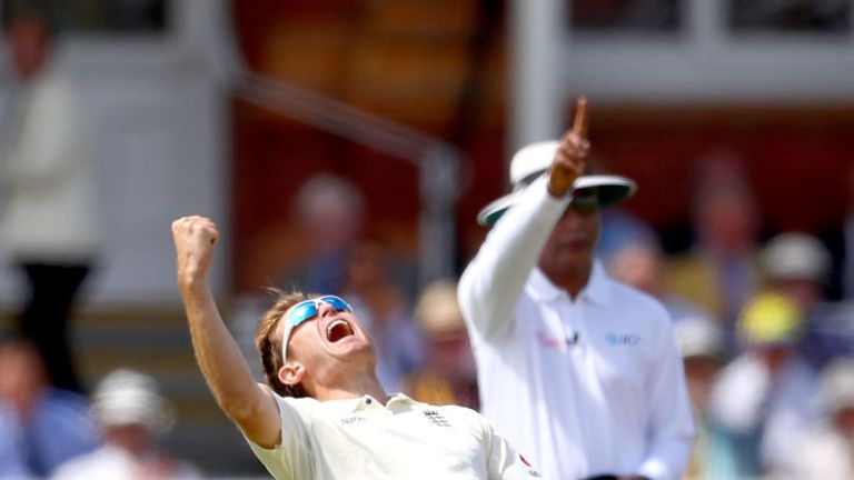 LONDON, ENGLAND - JULY 08:  Liam Dawson of England celebrates taking the wicket of Kagiso Rabada of South Africa on day three of the 1st Investec Test matc