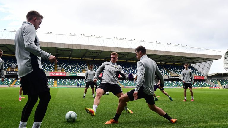 BELFAST, NORTHERN IRELAND - JULY 13: Linfield players take part in a training session at Windsor park on July 13, 2017 in Belfast, Northern Ireland