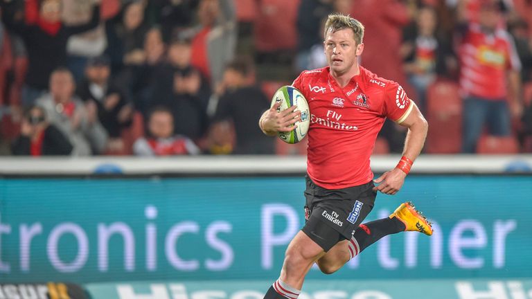 Lions' Ruan Combrinck runs on his way to scoring a try during the SuperXV rugby union match between Lions and Sunwolves at Ellis Park Rugby Stadium on July