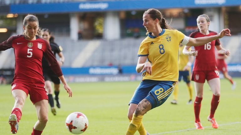 Lotta Schelin of Sweden competes for the ball during a friendly against the United States