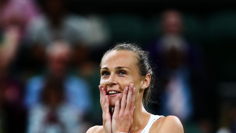 LONDON, ENGLAND - JULY 11:  Magdalena Rybarikova of Slovakia reacts at match point and victory during the Ladies Singles quarter final match against Coco V