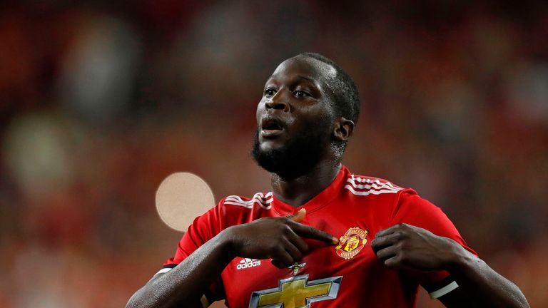 Manchester United forward Romelu Lukaku celebrates after scoring a goal during the International Champions Cup soccer match against Manchester City at NRG 