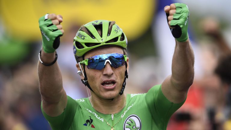 Germany's Marcel Kittel celebrates as he crosses the finish line at the end of the 178 km tenth stage of the 104th edition of the Tour de France cycling ra