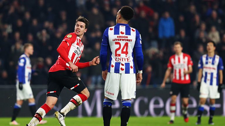 EINDHOVEN, NETHERLANDS - JANUARY 22:  Marco van Ginkel of PSV celebrates scoring his teams third goal of the game during the Dutch Eredivisie match