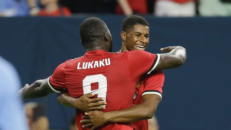 HOUSTON, TX - JULY 20:  Manchester United forward Marcus Rashford #19 celebrates with Romel Lukaku #9 after scoring in the first half against Manchester Ci
