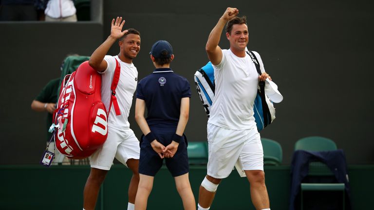 LONDON, ENGLAND - JULY 08:  Marcus Willis of Great Britain celebrates with Jay Clarke of Great Britain after the Gentlemen's Doubles second round match  ag