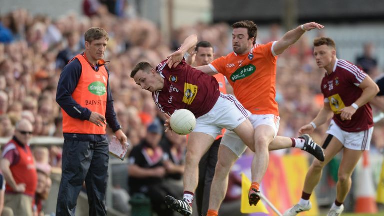 Mark McCallon of Westmeath in action against Aidan Forker of Armagh during the GAA Football All-Ireland Senior Championship Round 2B match