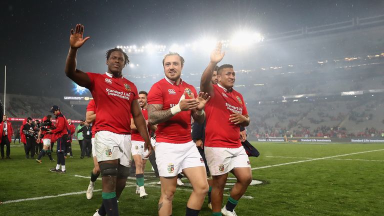 Lions Maro Itoje, Jack Nowell and Mako Vunipola acknowledge fans after the third and final test against the All Blacks