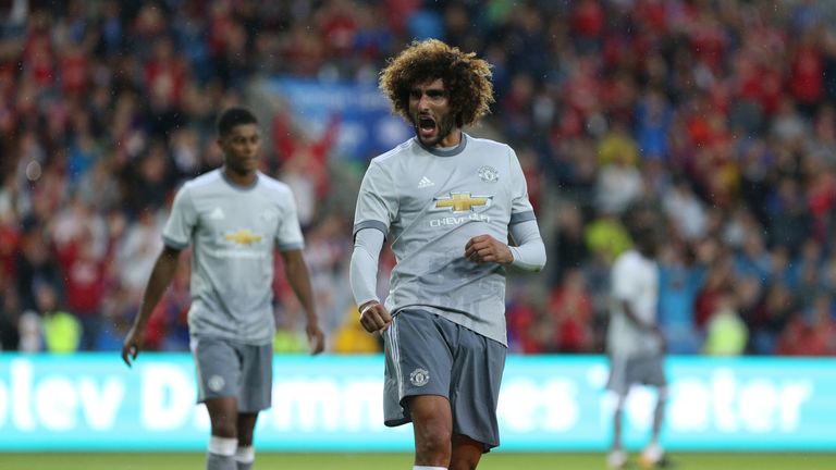 OSLO, NORWAY - JULY 30: Marouane Fellani of Manchester United celebrates scoring the first goal v Valerenga today at Ullevaal Stadion on July 30, 2017 in O