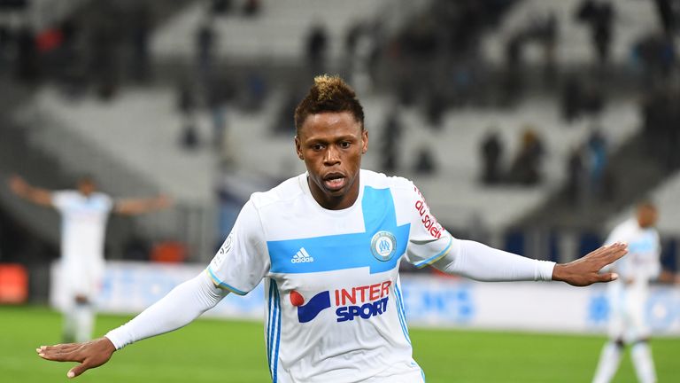 Olympique de Marseille's Cameroonian forward Clinton Njie celebrates after scoring a goal during the French L1 football match Olympique of Marseille 