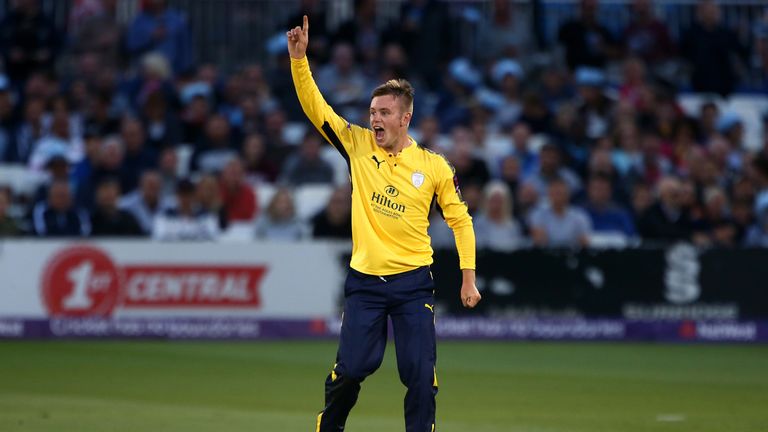 Mason Crane of Hampshire celebrates after taking the wicket of Ross Taylor of Sussex during the NatWest T20 Blast