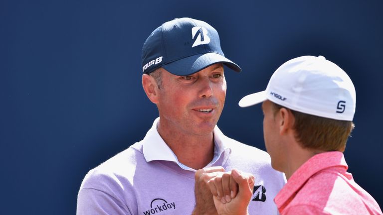 SOUTHPORT, ENGLAND - JULY 22:  Matt Kuchar of the United States fist bumps Jordan Spieth of the United States on the 1st tee during the third round of the 