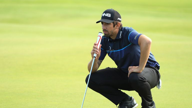Matthieu Pavon of France lines up a putt on the 18th green during the final round of the AAM Scottish Open at Dundonald Links 