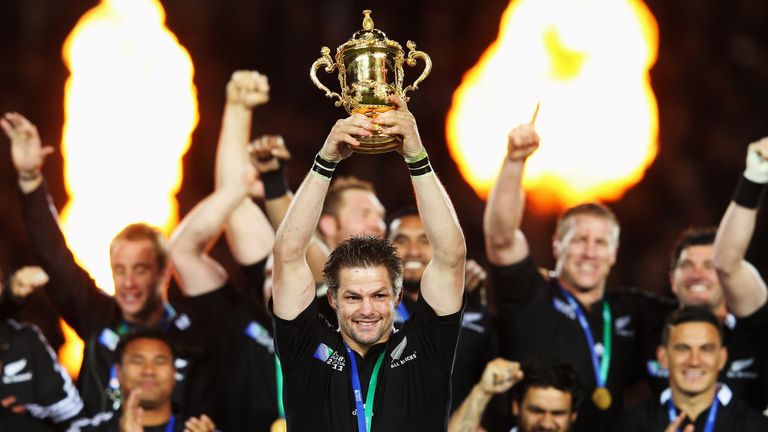 AUCKLAND, NEW ZEALAND - OCTOBER 23:  Captain Richie McCaw of the All Blacks lifts the Webb Ellis Cup after an 8-7 victory in during the 2011 IRB Rugby Worl