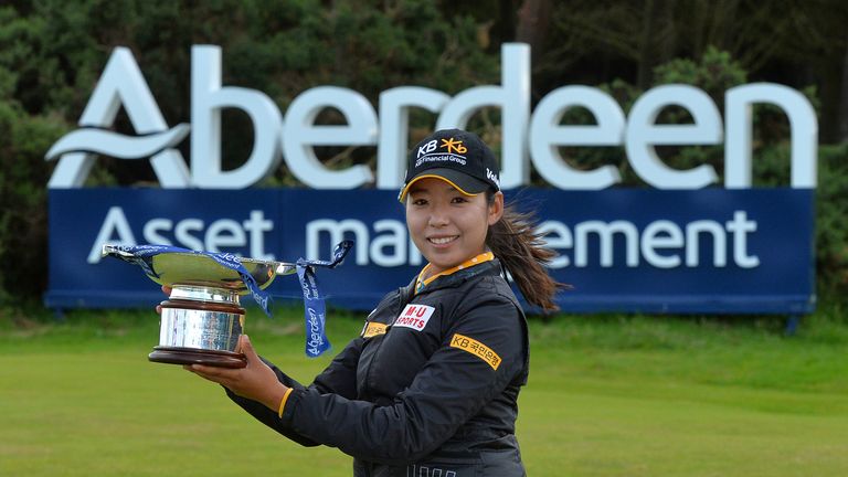 TROON, SCOTLAND - JULY 30: Mi Hyang Lee of Korea  winner of the Aberdeen Asset Management Ladies Scottish Open lifts the trophy after the final round at Du