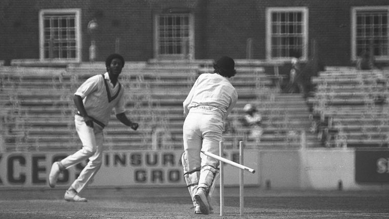 17 Aug 1976:  England v West Indies, fifth test match, final day at the Oval. Michael Holding takes the wicket, his fourteenth of the match, of Alan Knott.